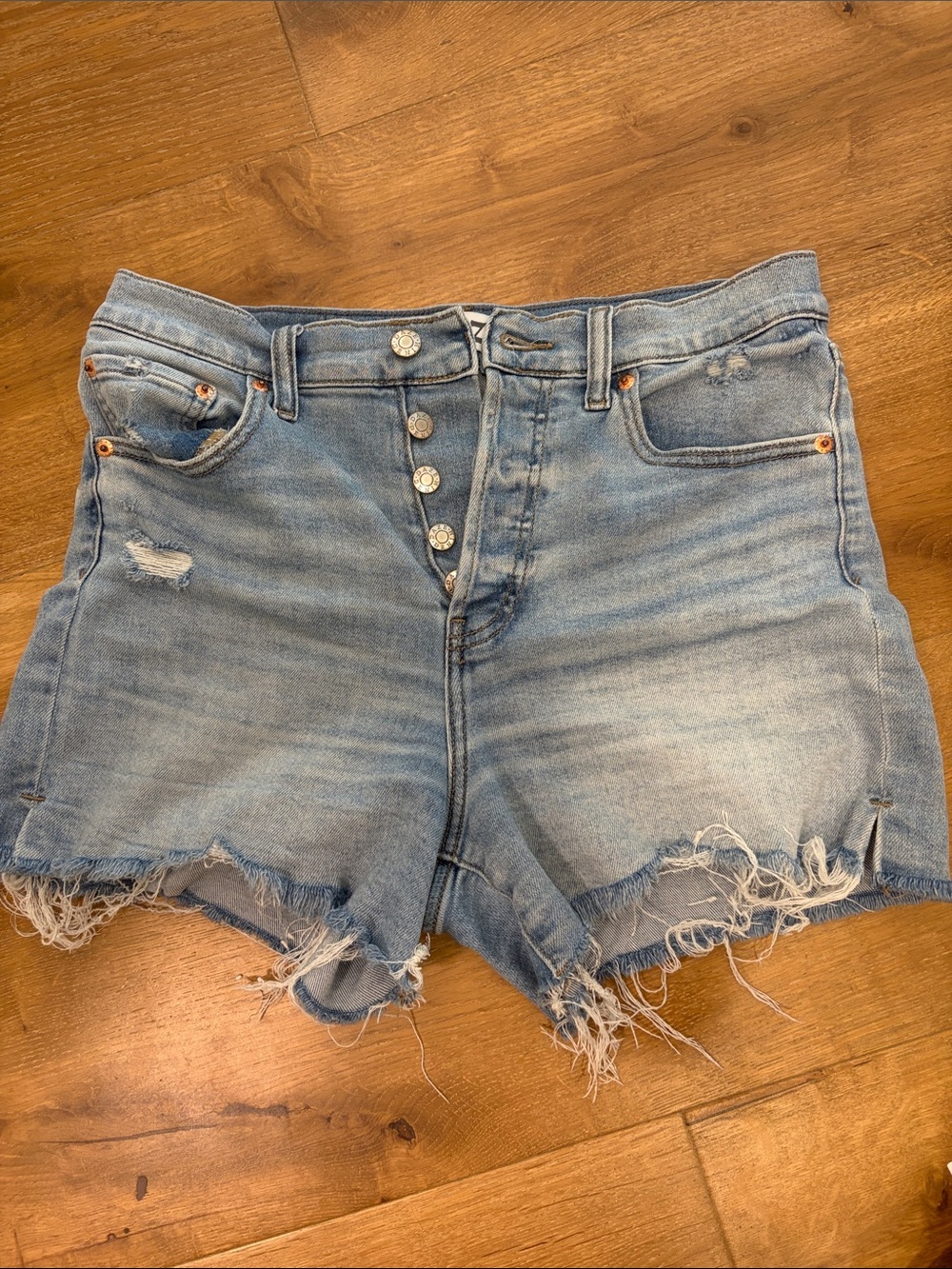 Light Blue Distressed Button-Front Denim Shorts